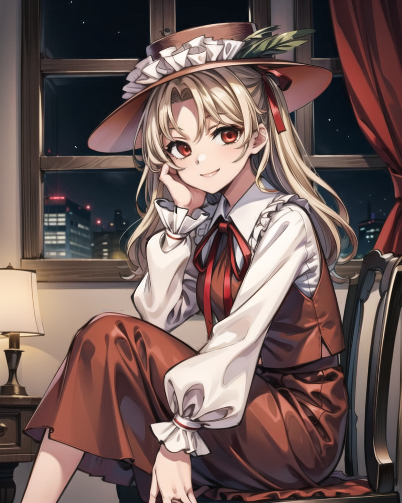 00110-619069897-, solo, 1girl, dippjacketgirl, smile, looking at viewer, sitting, hand on own face, frilled hat, hat feather, collared shirt, re.png